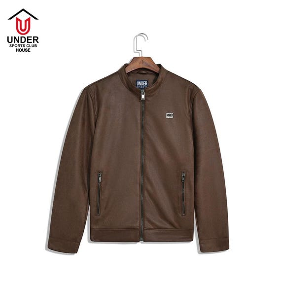 Handcrafted Brown Leather Jacket, Collarless Zip