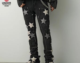 Vaqueros con parches de estrellas: vaqueros de moda con bordado de estrellas en 3D