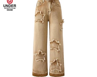 Damesjeans met wijde pijpen en sterren met scheuren - Trendy casual distressed broek voor modieuze vrouwen - Uniek cadeau voor haar