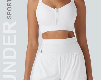White Sports Bra & High-Waist Shorts Set: Women's Activewear Gym Outfit