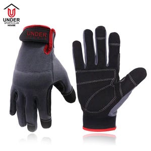 Puede incluir: Un par de guantes de trabajo grises y negros. Los guantes tienen un ribete rojo y el texto "UNDER SPORTS" es visible. Estos guantes están diseñados para deportes y uso en clubes.