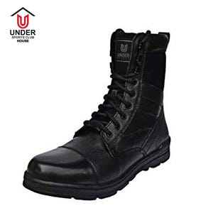 May include: Black leather combat boot with a lace-up design and a padded collar. The boot features a reinforced toe and a durable sole. The brand logo "UNDER SPORTS CLUB HOUSE" is visible on the upper.