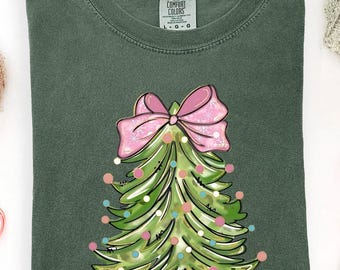 Christmas Tree Bow Comfort Colors Shirt, Christmas Sweatshirt for Women, Christmas Tree Tshirt, Christmas Coquette Christmas Shirt