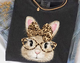 Retro Easter Bunny Comfort Colors Shirt, Leopard Bow Glasses Tee
