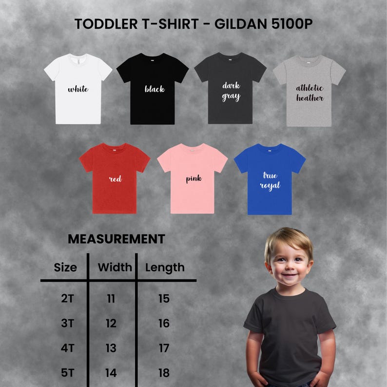 May include: A range of toddler t-shirts in colours such as white, black, red, pink, and blue. Each shirt has its colour printed on it. Measurements are provided for sizes 2T to 5T, with widths from 28 to 36 cm and lengths from 38 to 46 cm.