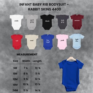 May include: A range of baby rib bodysuits in colours such as white, grey, black, and red. The image includes a size chart with measurements in inches, equivalent to approximately 19.7 cm to 35.6 cm in length, for sizes from newborn to 24 months. The text "INFANT BABY RIB BODYSUIT - RABBIT SKINS 4400" is at the top.