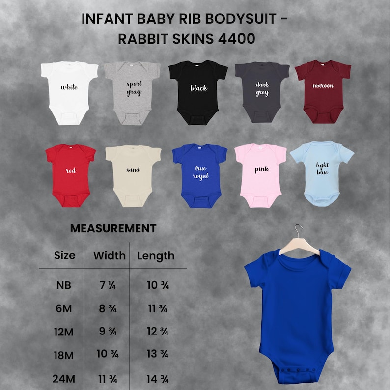 May include: A range of baby rib bodysuits in colours such as white, grey, black, and red. The image includes a size chart with measurements in inches, equivalent to approximately 19.7 cm to 35.6 cm in length, for sizes from newborn to 24 months. The text "INFANT BABY RIB BODYSUIT - RABBIT SKINS 4400" is at the top.