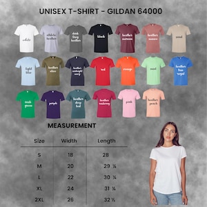 May include: A range of Gildan 64000 unisex t-shirts in diverse colors, such as white, black, red, and pink. The image includes a size chart with measurements in inches, with widths from 18 inches to 26 inches, and lengths from 28 inches to 32.5 inches.