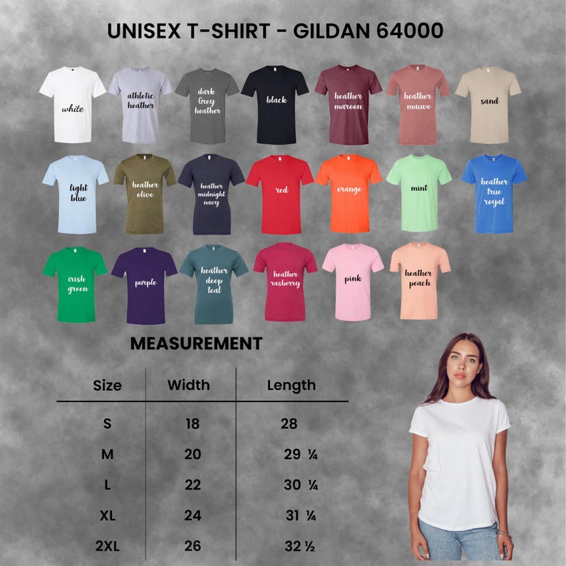 May include: A range of Gildan 64000 unisex t-shirts in diverse colors, such as white, black, red, and pink. The image includes a size chart with measurements in inches, with widths from 18 inches to 26 inches, and lengths from 28 inches to 32.5 inches.