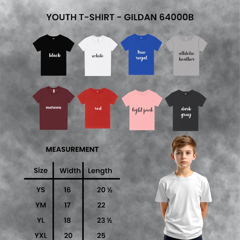 May include: A range of youth t-shirts in colours such as black, white, and red. The image shows the Gildan 64000B model, with a measurement chart detailing sizes and dimensions. The width measurements range from 40.6 cm to 50.8 cm.