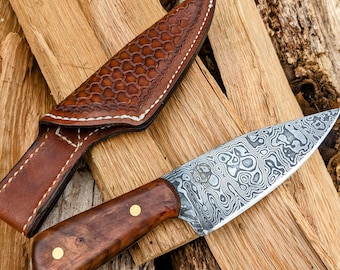 Damascus cherry burl camp/utility knife