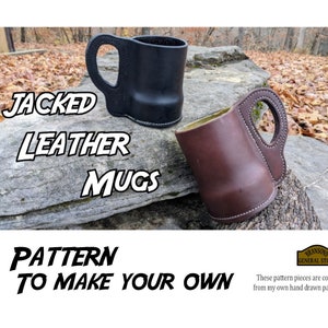 May include: Two leather mugs, one black and one brown, with a white stitching detail. The mugs are sitting on a rock with fallen leaves in the background. The text "JACKED LEATHER MUGS" is written in white letters on the rock. The text "PATTERN TO MAKE YOUR OWN" is written in white letters below the mugs. The text "BRANSONS GENERAL STORE" is written in white letters on a brown rectangle with a white border. The text "These pattern pieces are copied from my own hand drawn patterns" is written in black letters below the store name.