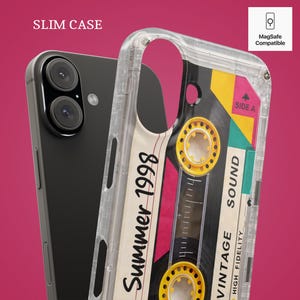 Vintage cassette mixtape iPhone case with custom name, retro 90s aesthetic clear phone case