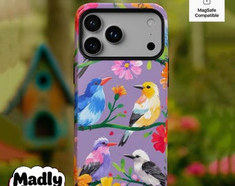 Iphone 17 Bird MagSafe Phone Case – iPhone 17-12 , Pro Max, Air, Colorful Flowers. Galaxy S25/S23/S22, Pixel 9-8  Gift for Bird Lovers