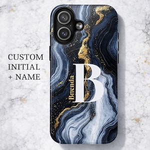 Custom Initial Phone Case, Blue Gold Marble Personalized Case, Luxury Monogram iPhone Case, Aesthetic Name Phone Case, Samsung Pixel Cover