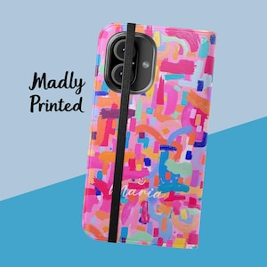 Pink Abstract Paint Tough Flip Wallet Phone Case for iPhone 16 Pro Max, 15 Plus, 14, 13, 12, 11, XS and Samsung s21 and S22