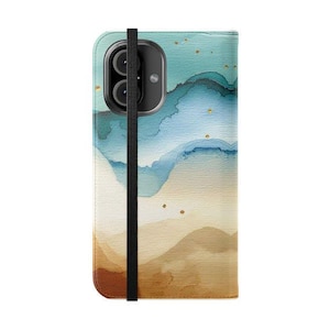 Étui portefeuille à rabat personnalisé pour téléphone. Motif nature aquarelle personnalisé, nom monogramme pour iPhone 16 15 14 13 12 11 XR SE et Samsung Galaxy