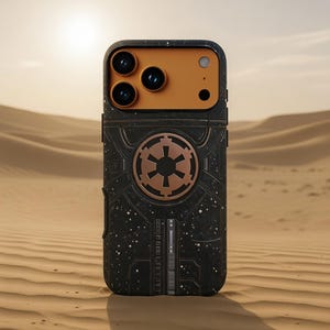 May include: A black and bronze phone case featuring a Star Wars Imperial symbol. The case has a textured design with a bronze-colored camera housing and a black body. The background shows a desert landscape.