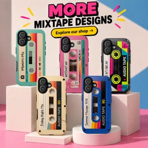 May include: Five smartphone cases featuring retro cassette tape designs in teal, pink, clear, beige, and blue. Each case displays text like Monica's Mix, Westcoast Mix, 90's R&B Mix, Friday Night Mix, and Summer Mixtape 1998 with audio tape graphics.