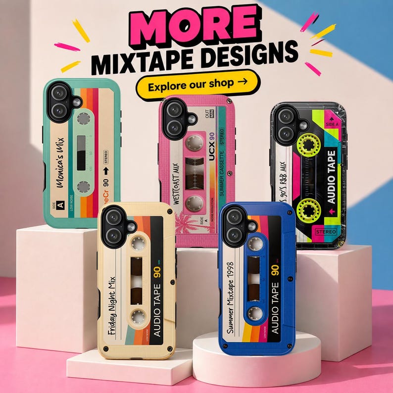 May include: Five smartphone cases featuring retro cassette tape designs in teal, pink, clear, beige, and blue. Each case displays text like Monica's Mix, Westcoast Mix, 90's R&B Mix, Friday Night Mix, and Summer Mixtape 1998 with audio tape graphics.