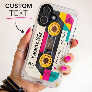 Retro cassette tape personalized iPhone case with custom name, vintage 90s mixtape aesthetic clear phone cover. Perfect gift for music lovers, Y2K style custom phone case compatible with iPhone and Samsung.