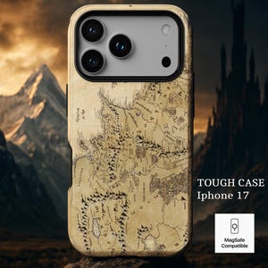May include: Tough iPhone 17 case with a vintage map design. The case is tan with a black border and features a detailed map illustration. The case is MagSafe compatible.