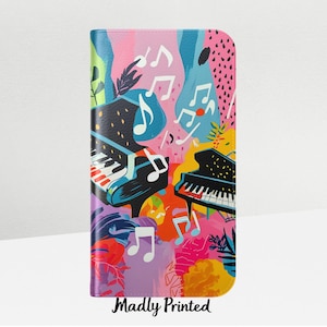 Étui portefeuille pour téléphone, étui à rabat personnalisé avec design piano vibrant personnalisé et monogramme du nom pour iPhone et Samsung