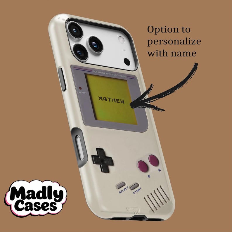 Personalized retro gaming phone case with MagSafe, colorful pixel characters inspired by 80s 90s arcade and handheld consoles, custom name design displayed on wooden table for iPhone Samsung Pixel