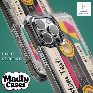 Custom cassette tape phone case with personalized mixtape label, retro music aesthetic iPhone cover