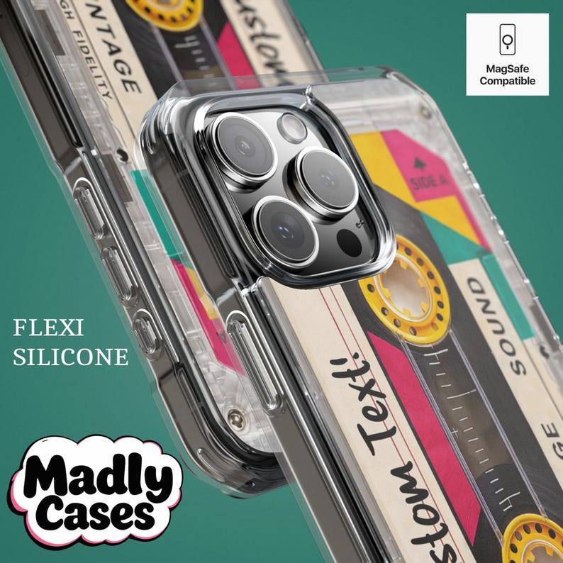 Custom cassette tape phone case with personalized mixtape label, retro music aesthetic iPhone cover
