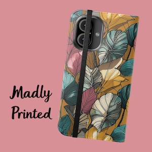 Golden tropical Floral Wallet flip phone case for iPhone 16 Pro Max, 15 Plus, 14, 13, 12, 11, XS & Samsung s21 and S22