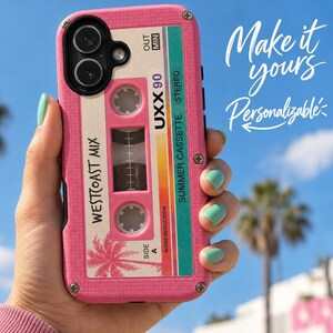 May include: A pink smartphone case featuring a retro cassette tape design with the text WESTCOAST MIX, UXX 90, SUMMER CASSETTE, and SIDE A. The case has a textured grid pattern, a black camera cutout, and visible metal screws at the corners.