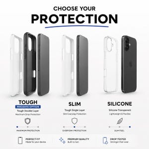May include: A comparison chart titled CHOOSE YOUR PROTECTION showing three phone case types: Tough with double layers and MagSafe, Slim with a single layer, and Silicone which is transparent. Icons and text describe features like drop protection.
