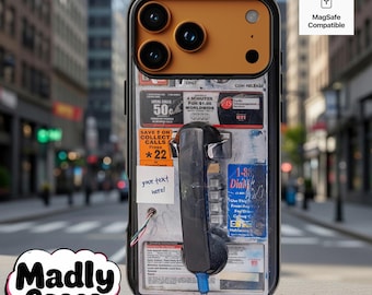 iPhone 17 MagSafe Realistic American Payphone Case, Personalized Text, Grunge Urban Metropolitan Design