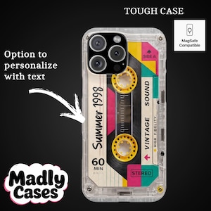 Clear iPhone case with colorful cassette tape design and custom text