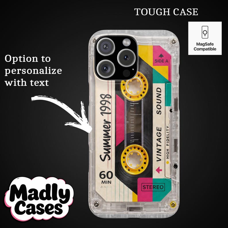 Clear iPhone case with colorful cassette tape design and custom text