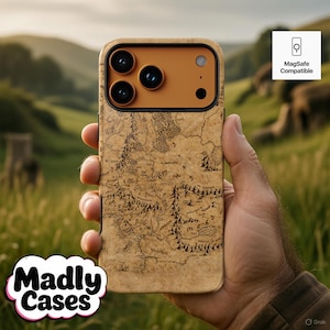 May include: A phone case with a map design. The case has a brown, textured appearance with a detailed map illustration. The top section is a contrasting orange color, housing the camera lenses. The text "Madly Cases" is visible in a white and pink bubble.
