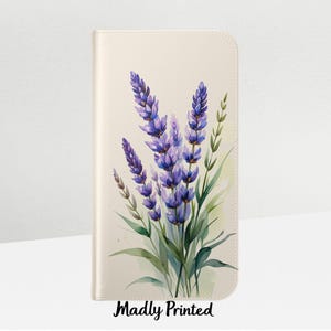 Étui portefeuille à rabat personnalisé pour téléphone. Motif fleur de lavande personnalisé, nom monogramme pour iPhone 16 15 14 13 12 11 XR SE et Samsung Galaxy