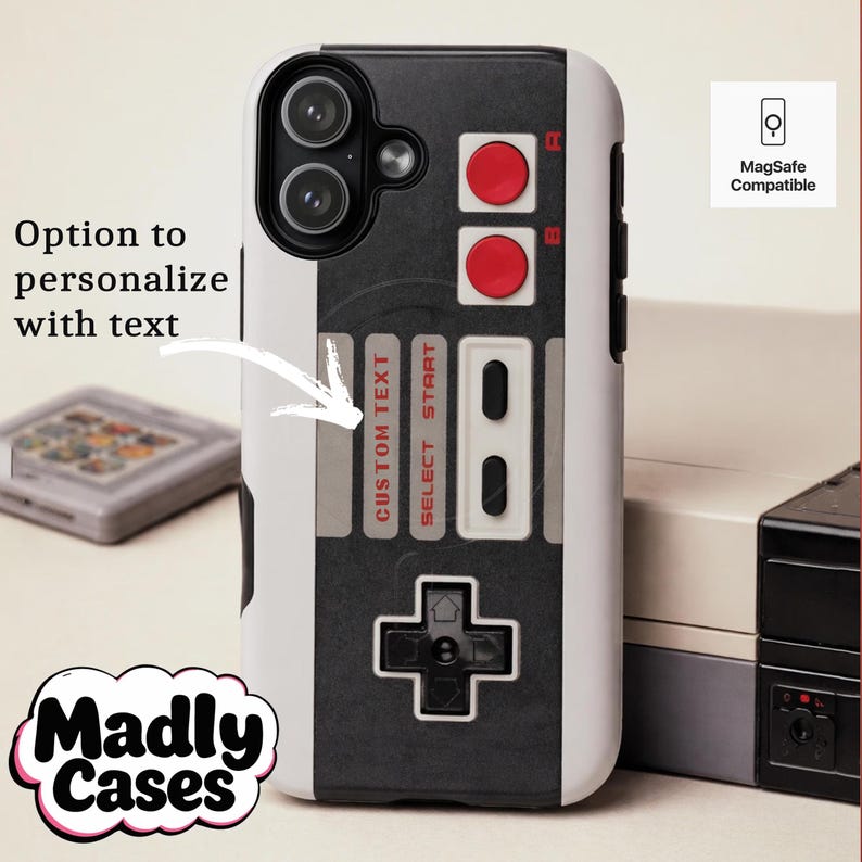 Personalized iPhone 17 retro gaming case with classic console controller design and custom text option