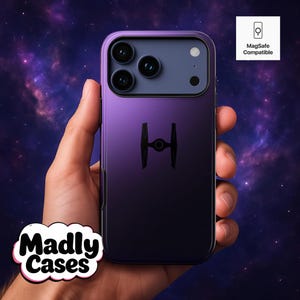 May include: A purple and black phone case with a TIE fighter design. The case is held in a hand and features the text "Madly Cases" in a white bubble. The case is MagSafe compatible.