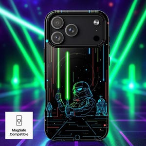 May include: Black phone case with a neon green and blue graphic of a character holding two green lightsabers. The case has a MagSafe Compatible logo in the lower left corner. The background is a neon green and blue design.