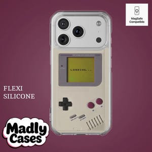 Custom name retro gamer phone case with MagSafe, vintage pixel game console style, placed on wooden surface, nostalgic 80s 90s gaming aesthetic for iPhone Samsung Pixel
