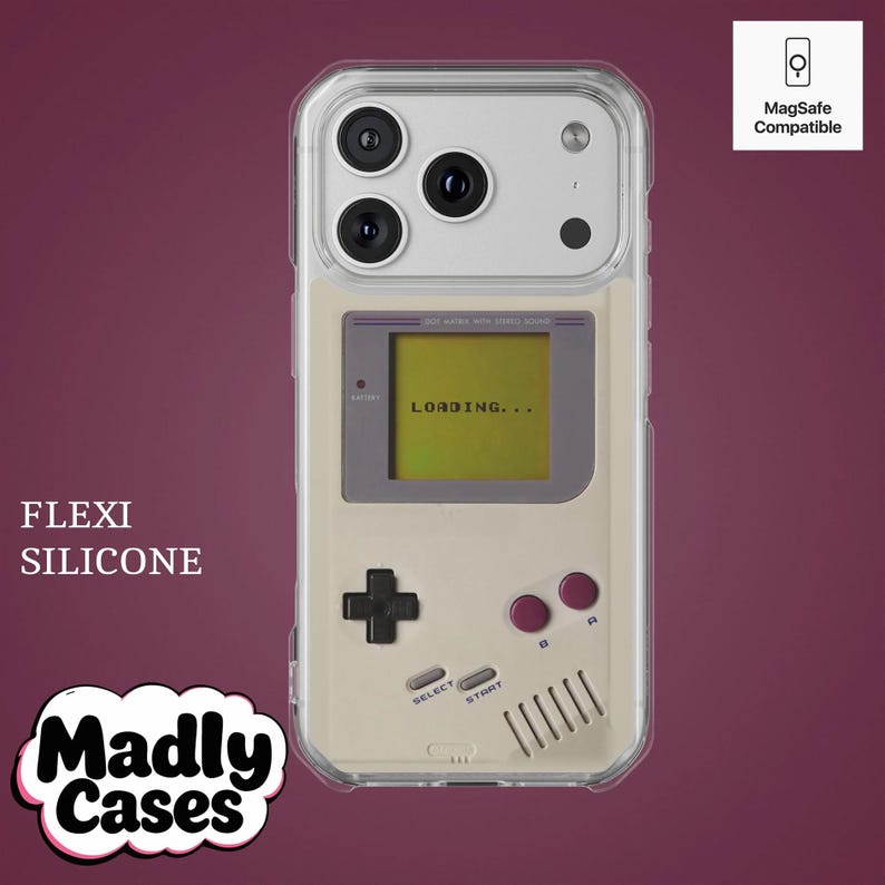 Custom name retro gamer phone case with MagSafe, vintage pixel game console style, placed on wooden surface, nostalgic 80s 90s gaming aesthetic for iPhone Samsung Pixel