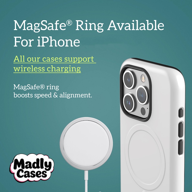 May include: White iPhone case with a MagSafe ring, a separate white MagSafe ring, and the text "MagSafe Ring Available For iPhone." The image also includes the text "All our cases support wireless charging" and "Madly Cases."