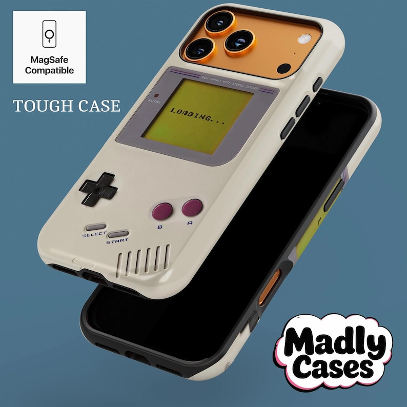 Personalized arcade style phone case with MagSafe, colorful retro gaming icons, vintage 80s 90s handheld console look, shown on wooden table for iPhone Galaxy Pixel