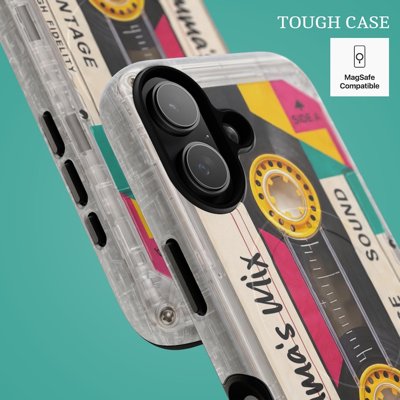 Retro cassette tape personalized iPhone case with custom mixtape design and clear protective phone cover