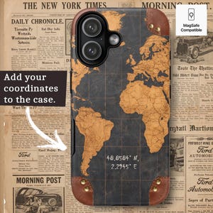 May include: Black phone case with a world map design in tan and black. The case has brown leather accents and gold rivets. The text "48.8584 N, 2.2945 E" is printed on the case. The case is MagSafe compatible.