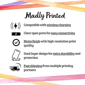 May include: White background with the text "Madly Printed" and product features. Features include wireless charging compatibility, clear open ports, matte finish, high-resolution print quality, dual-layer design, and fast shipping.