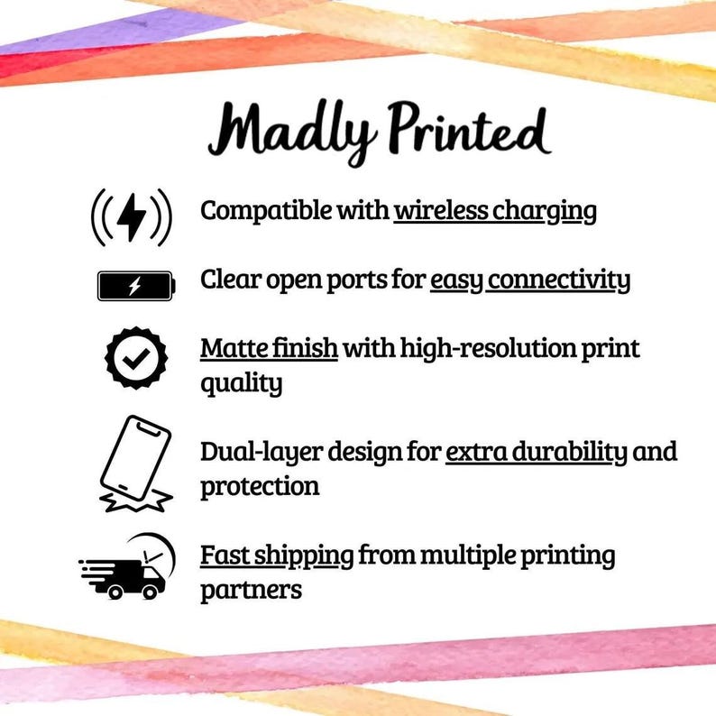 May include: White background with the text "Madly Printed" and product features. Features include wireless charging compatibility, clear open ports, matte finish, high-resolution print quality, dual-layer design, and fast shipping.