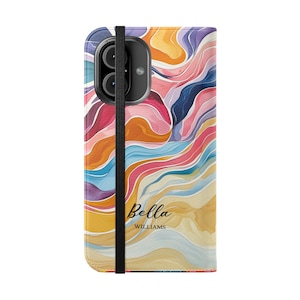 Personalized Flip Wallet Phone Case. Pastel Waves Design with Custom Name for iPhone & Samsung